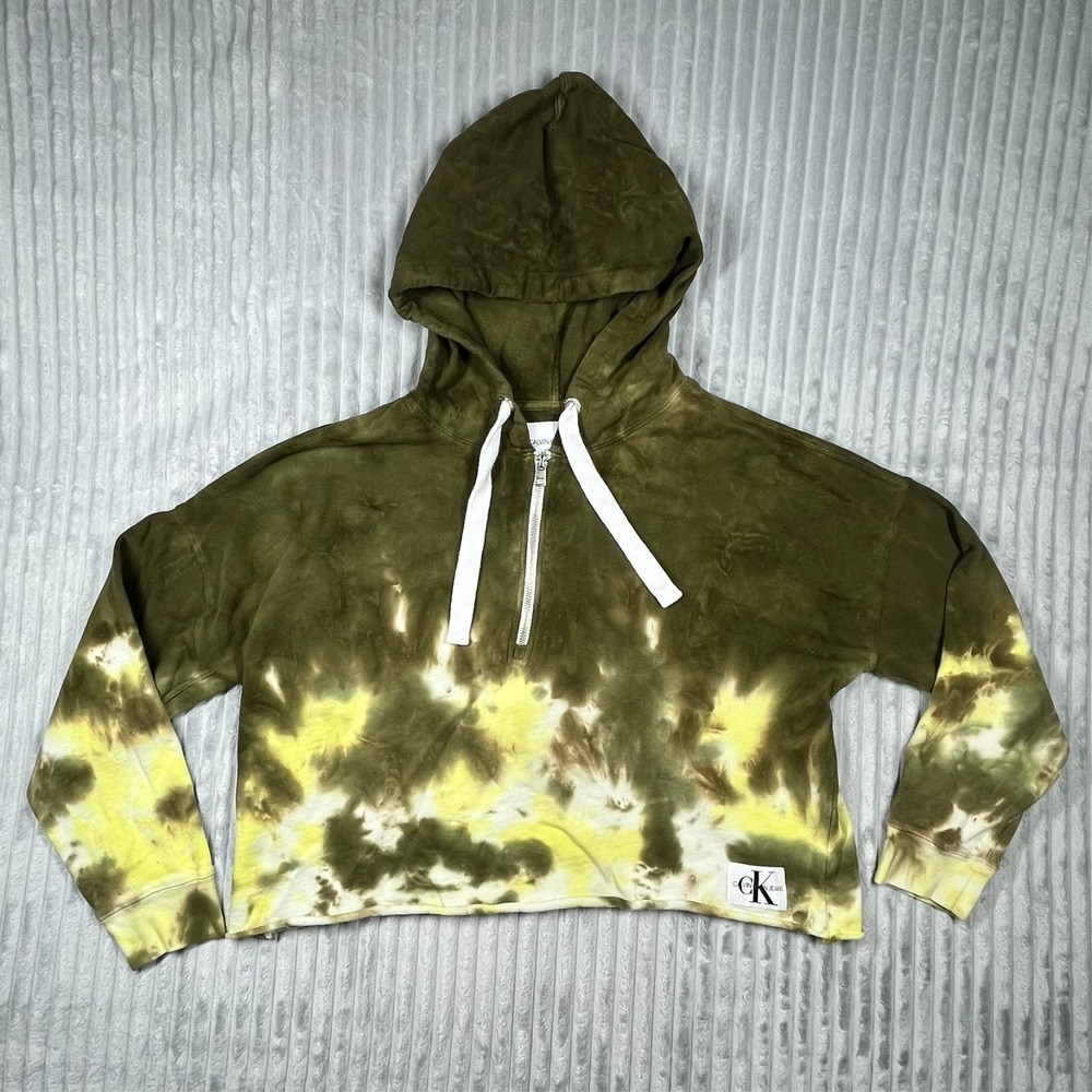 Calvin Klein Cropped Hooded 1/2 Zip Sweatshirt Women's L‎ Tie Dye Athleisure Gym